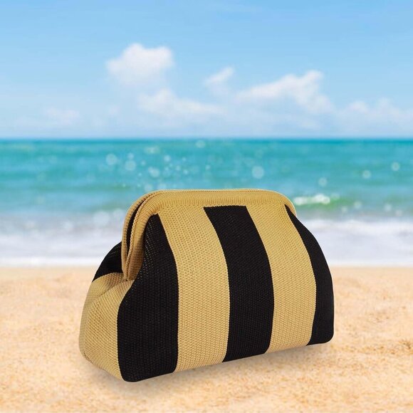 🆕Women Brown Black Crochet Striped Summer Beach Clutch Dumpling Handbag Wallet - Picture 6 of 7